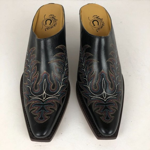 Lucchese Black Leather Mules with Embroidered Design - Picture 4 of 11